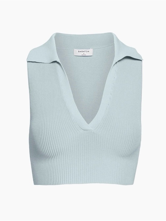 Babaton Tops - Babaton Light Blue Ribbed V-Neck Collared Tank Top